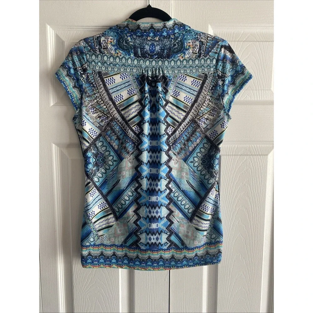 Lucky In Love Geometric Print Polo Top Womens Size S Blue Tennis Golf Activewear